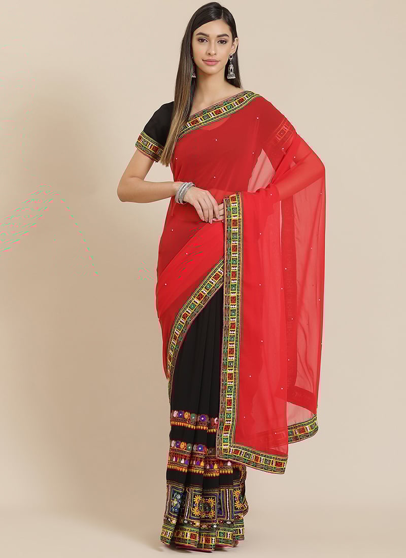 Black Embroidered Kutch Work Half And Half Georgette Saree
