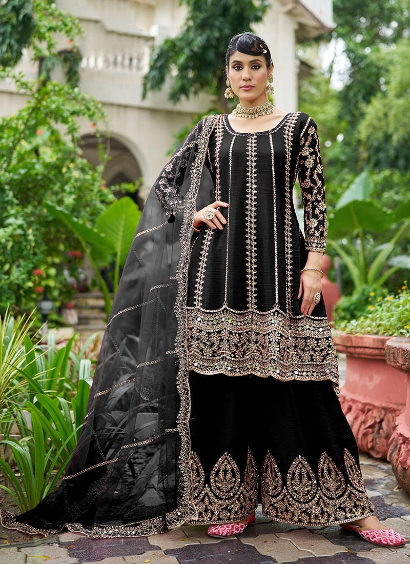 Black Embroidered Mirror Work Chinon A Line Palazzo Suit Festive Wear