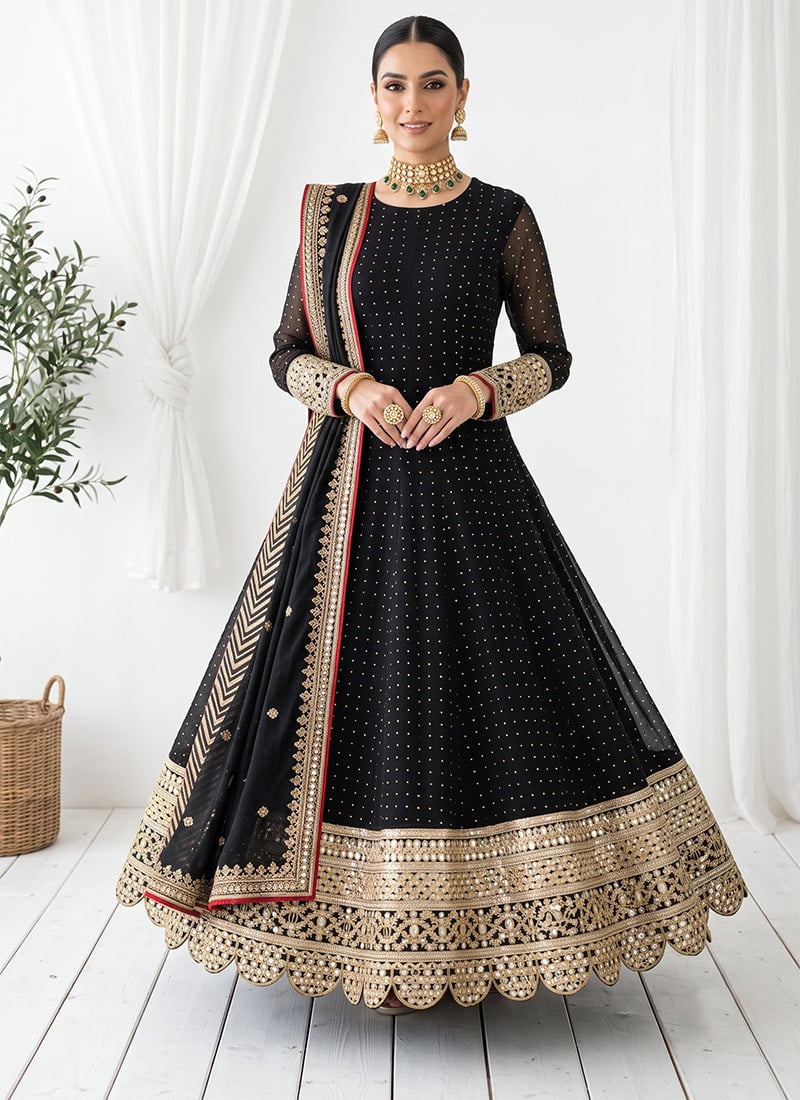 Black Embroidered Mirror Work Sequins Georgette Anarkali Suit Festive Wear