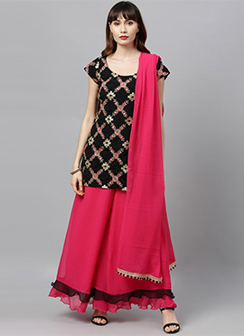 Black Embroidered N Pink Palazzo Suit