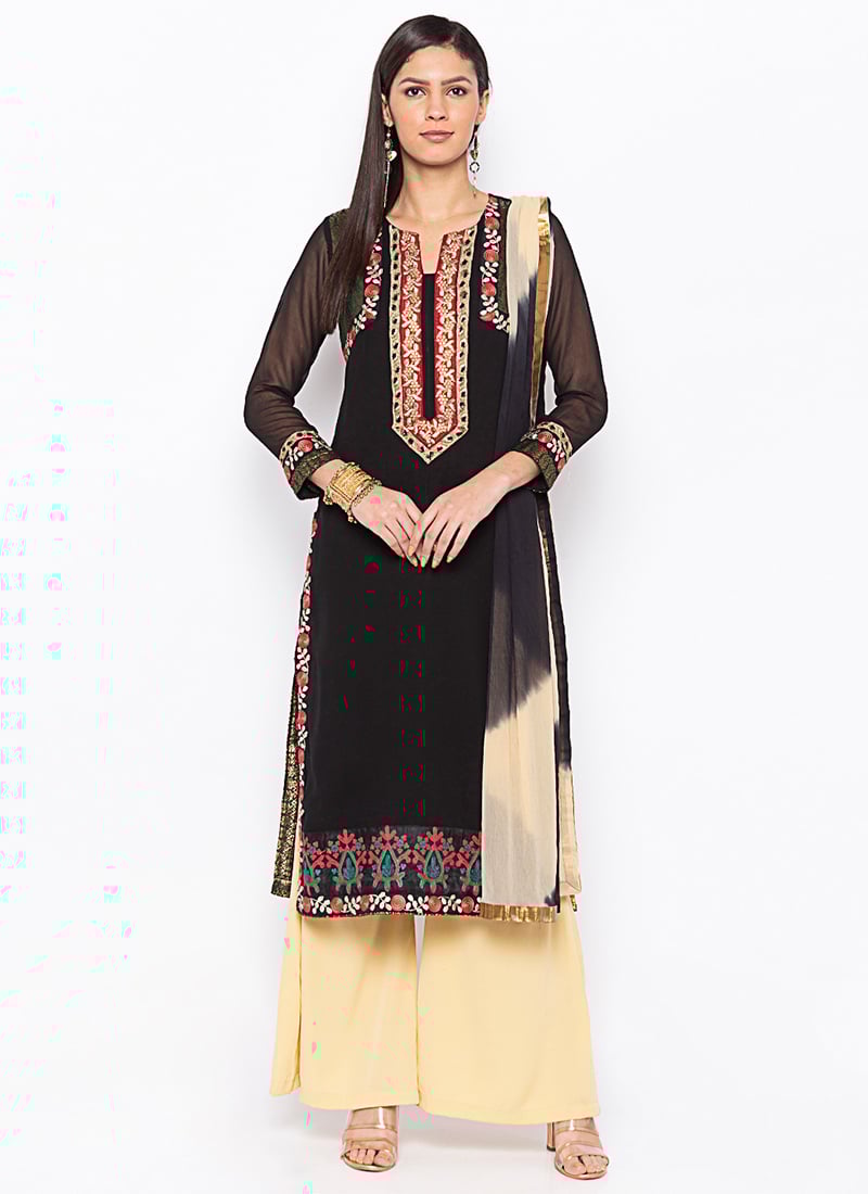 Black Embroidered Palazzo Suit After Six Wear