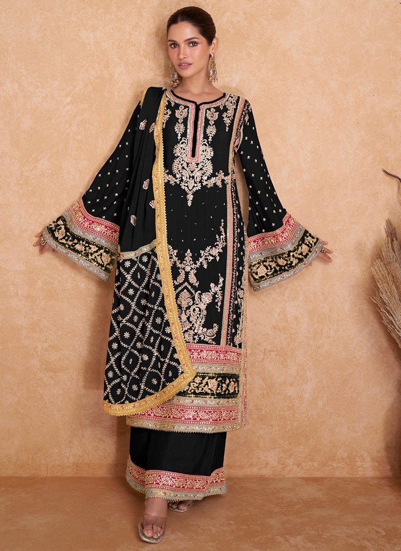 Black Embroidered Sequins Chinon Pakistani Palazzo Suit  Party Wear