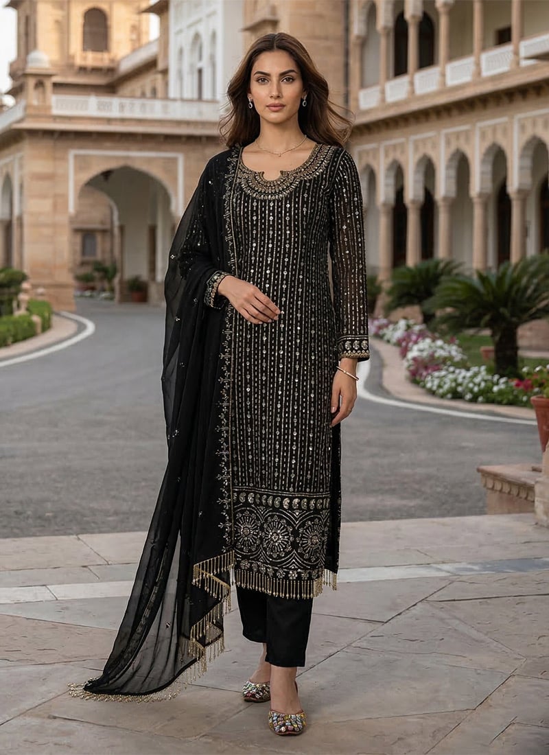 Black Embroidered Sequins Faux Georgette Straight Pant Suit Festive Wear