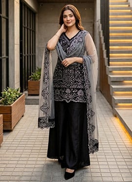 Black Embroidered Sequins Georgette Palazzo Suit