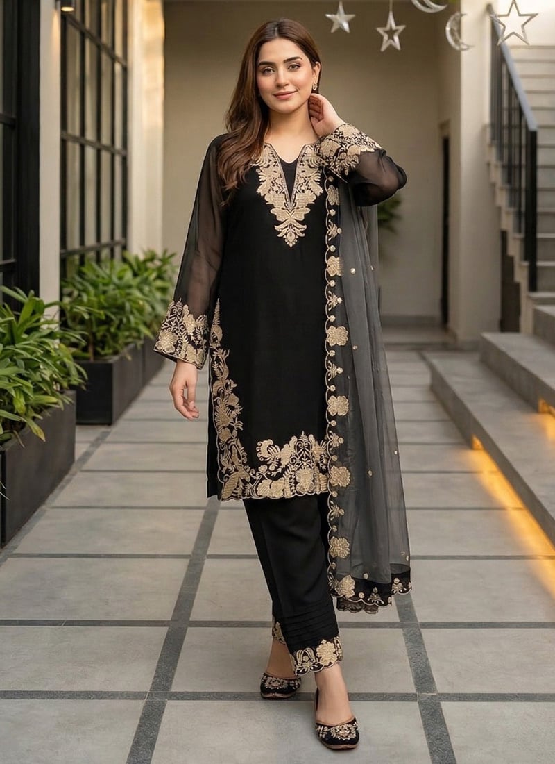 Black Embroidered Sequins Georgette Straight Pant Suit Festive Wear
