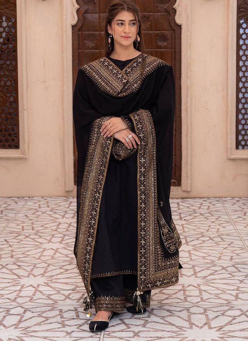 Black Embroidered Sequins Silk Palazzo Suit Festive Wear