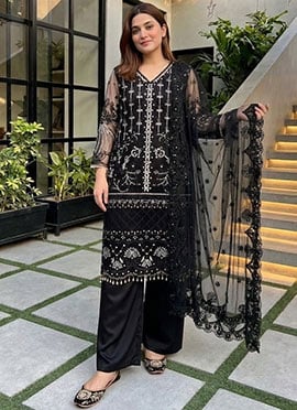 Black Embroidered Sequins Soft Net Straight Pant Suit