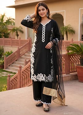 Black Embroidered Silk Palazzo Suit