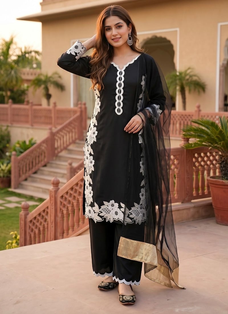 Black Embroidered Silk Palazzo Suit Festive Wear