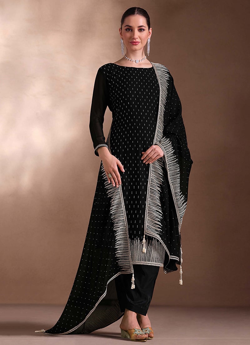 Black Embroidered Stone Work Cotton Georgette Straight Pant Suit Festive Wear
