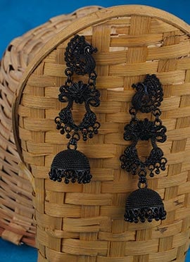 Black Enamelled Dancing Peacock Jhumka Earrings