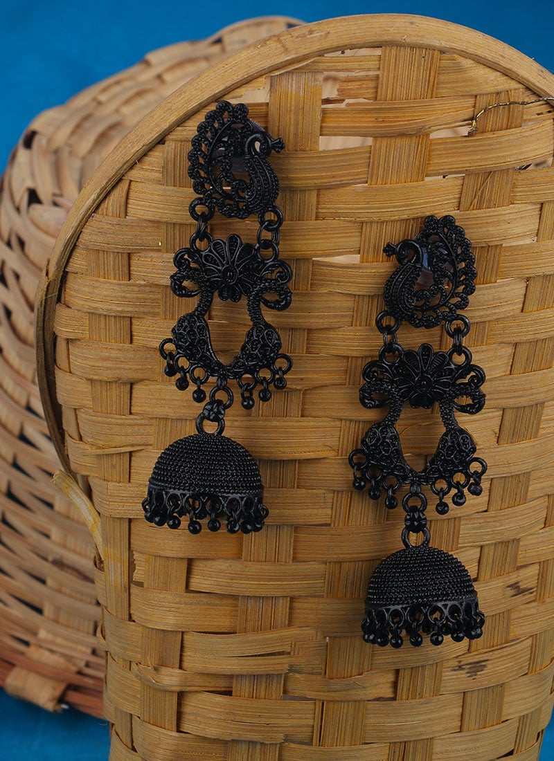 Black Enamelled Dancing Peacock Jhumka Earrings After Six Wear