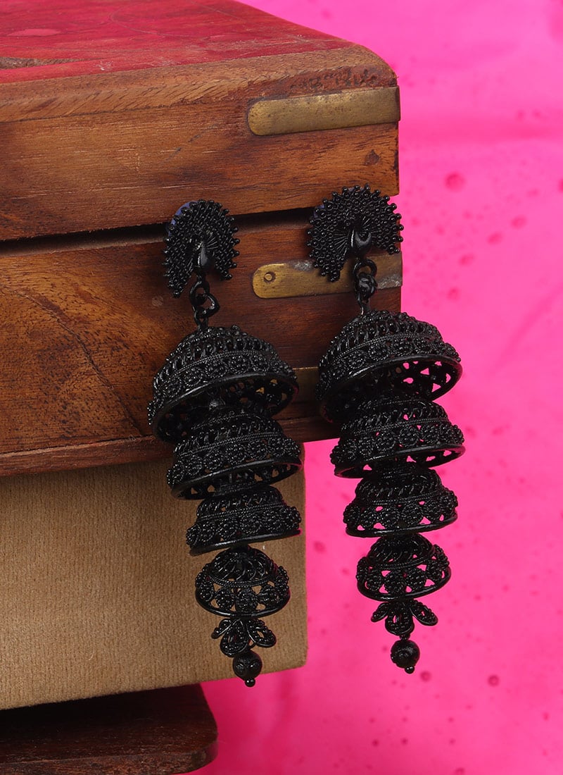 Black Enamelled FiveTier Jhumka Earrings After Six Wear