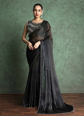 Black Fandy Chiffon Embroidered Cutdana Saree Border