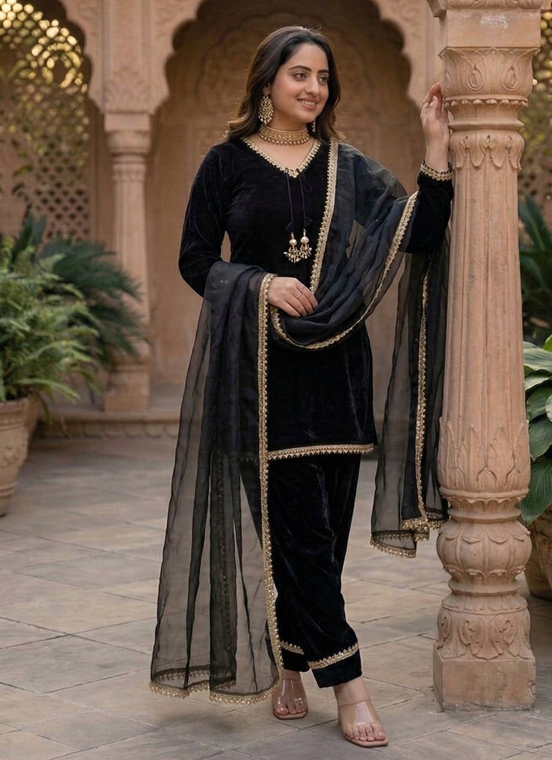 Black Fandy Satin Mirror And Moti Embellished Salwar Suit After Six Wear