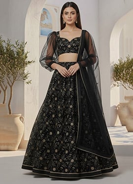 Black Fandy Silk Embroidered Lehenga