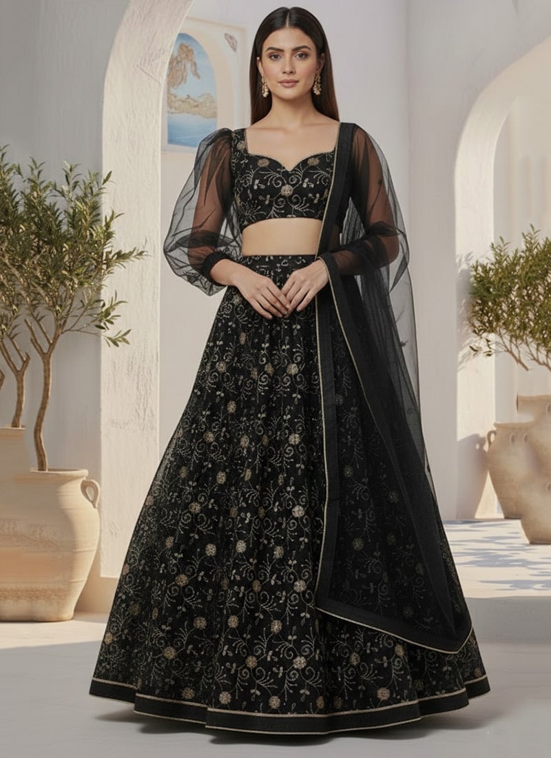 Black Fandy Silk Embroidered Lehenga Wedding Wear
