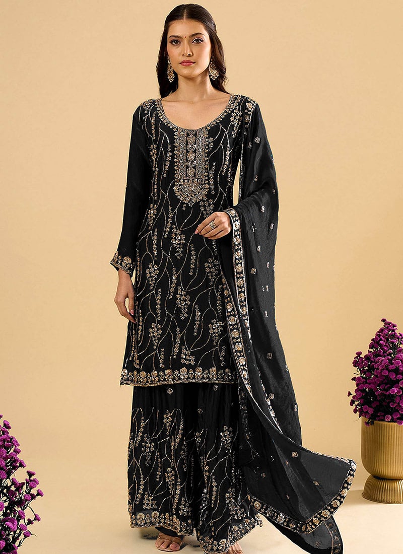 Black Fandy Silk Embroidered Sequins Beads Palazzo Suit Festive Wear