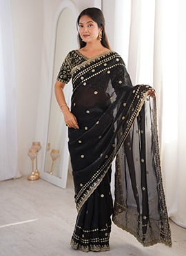 Black Fandy Silk Embroidered Sequins Saree