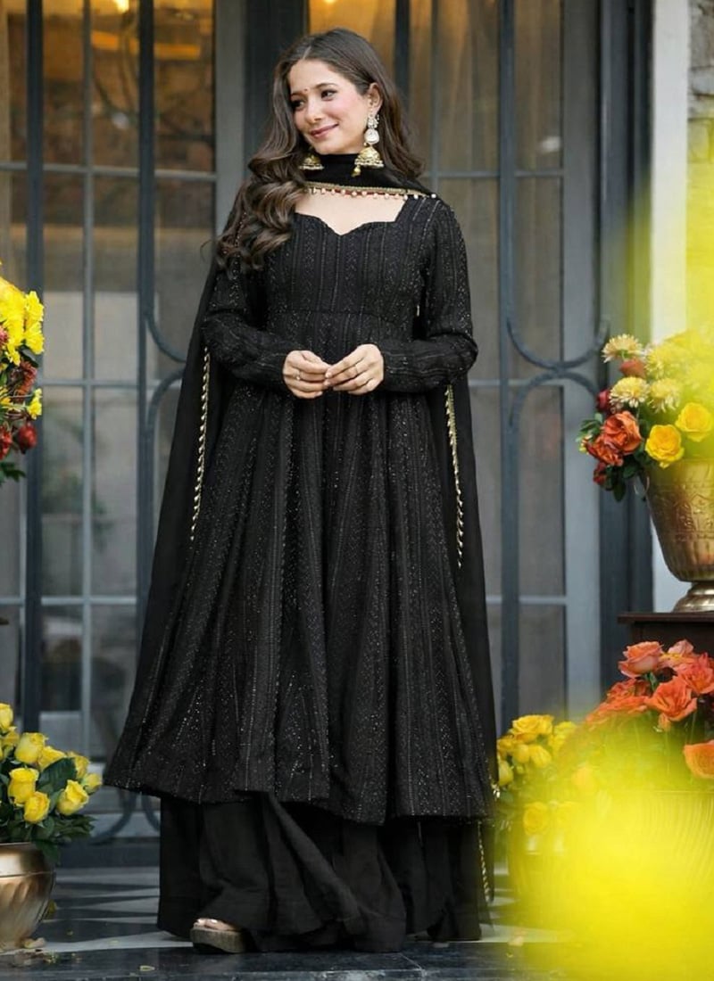 Black Faux Blooming Embroidered Anarkali Sharara Suit After Six Wear