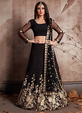 Black Faux Crepe Embroidered Party Wear Semi Stitched A Line Lehenga