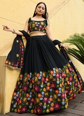 Black Faux Crepe Kutch Work Umbrella Lehenga