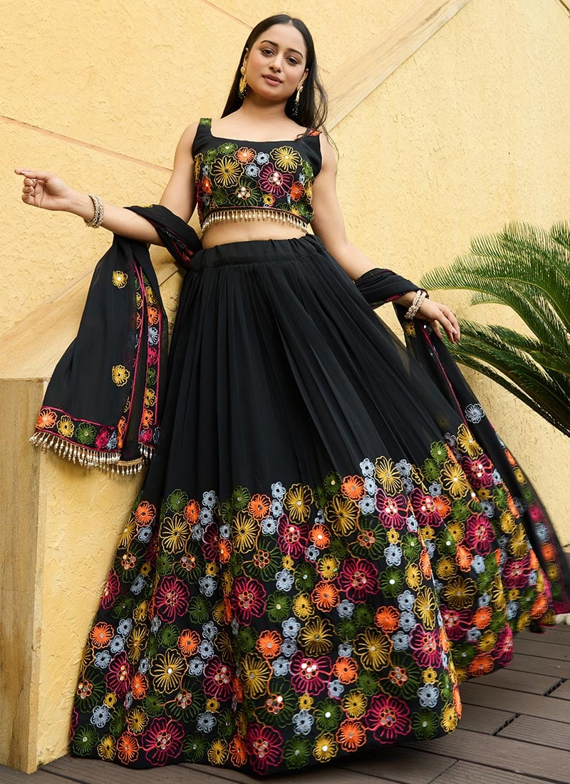 Black Faux Crepe Kutch Work Umbrella Lehenga