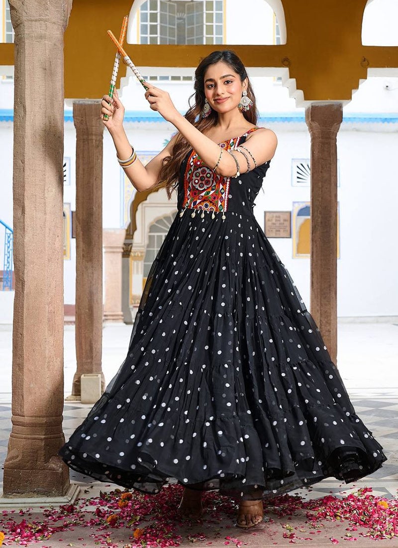 Black Faux Georgette Anarkali Gown With Bandhini Print