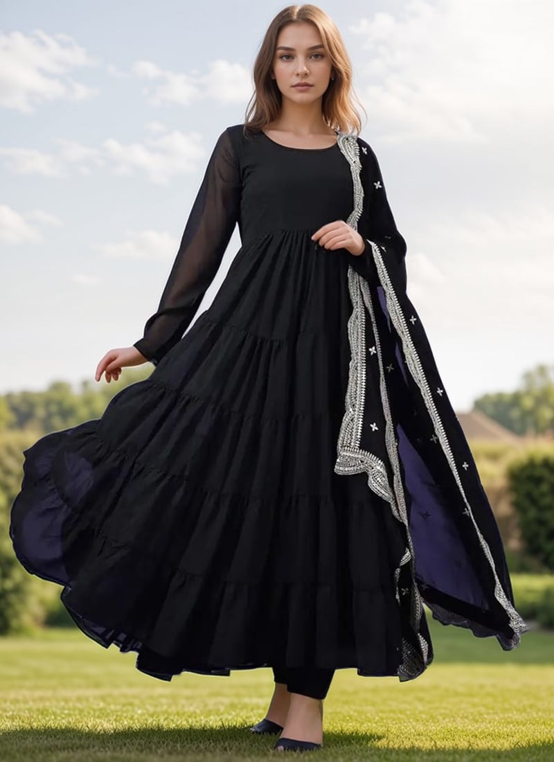 Black Faux Georgette Anarkali Suit Festive Wear