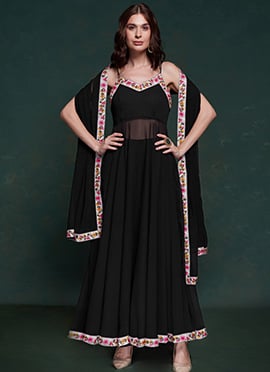 Black Faux Georgette Anarkali Suit With Embroidered Dupatta