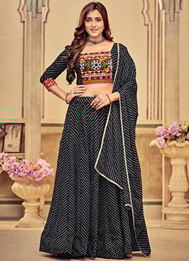 Black Faux Georgette Chaniya Choli With Elegant Lehariya Printed Embroidery