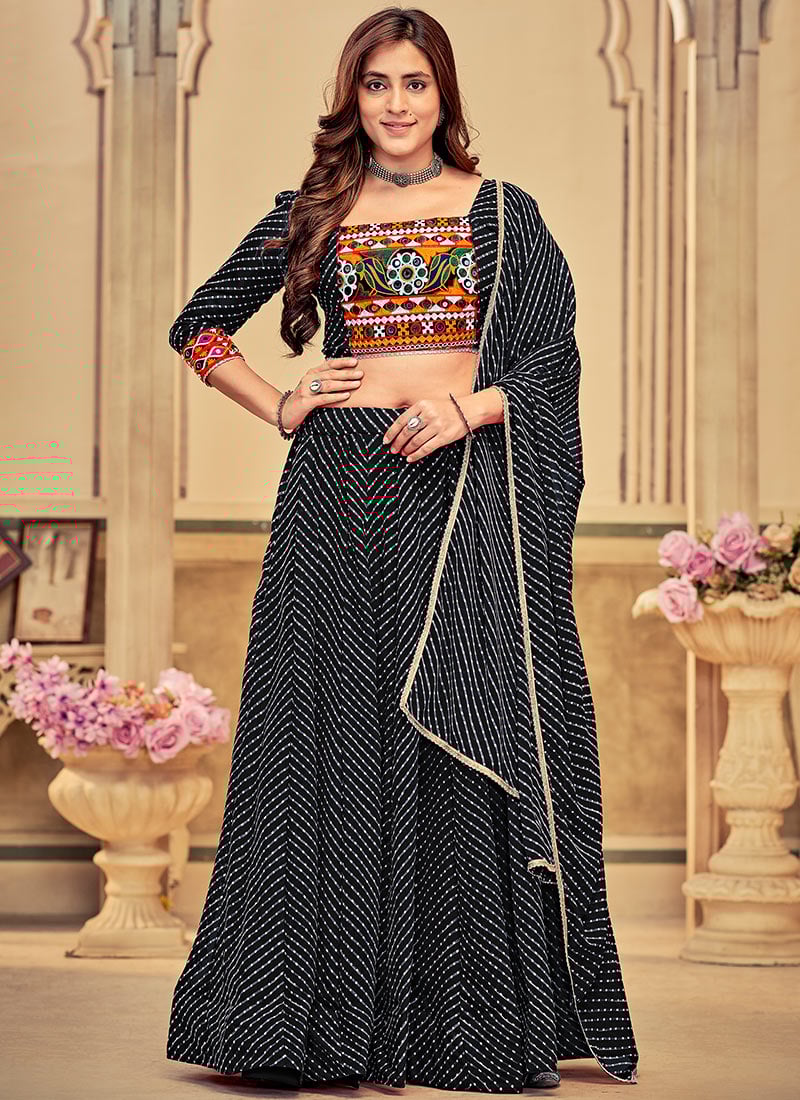 Black Faux Georgette Chaniya Choli With Elegant Lehariya Printed Embroidery Festive Wear