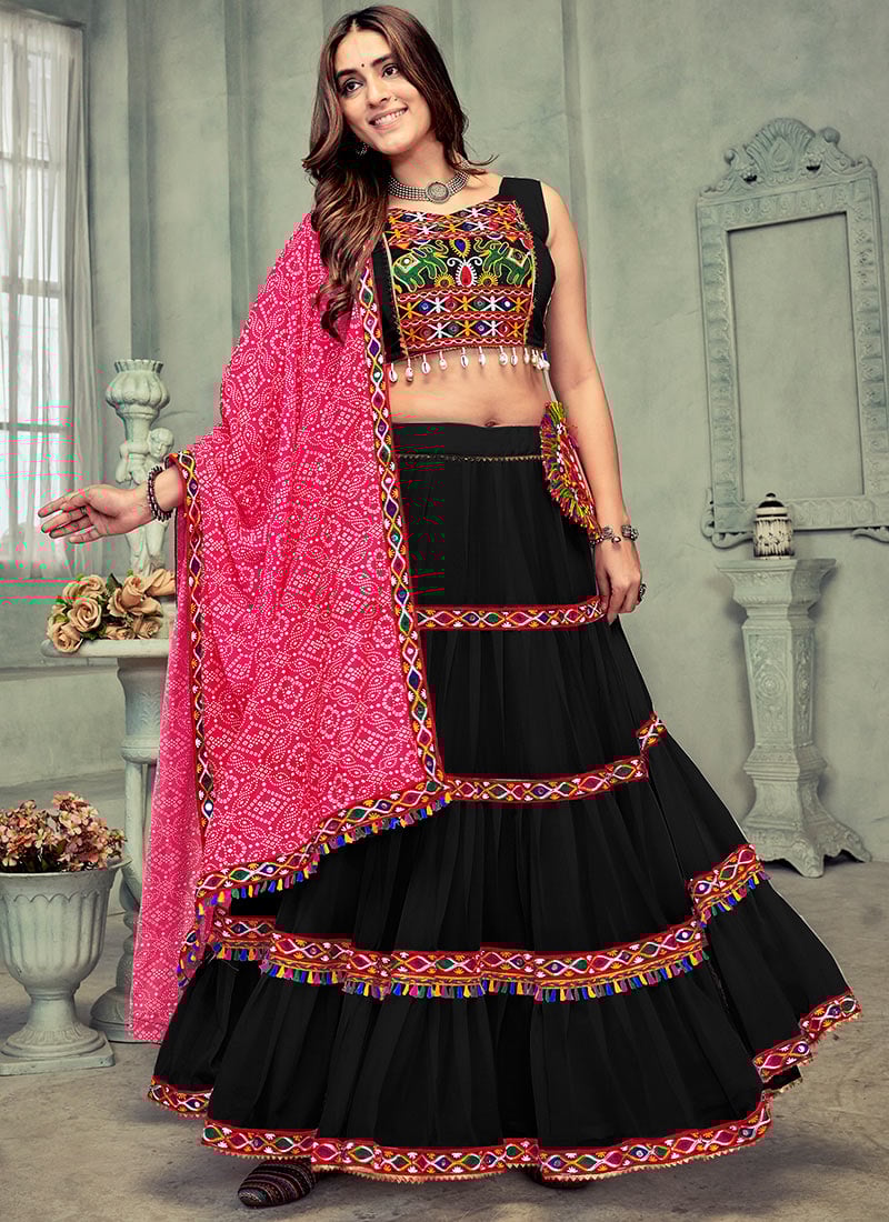 Black Faux Georgette Chaniya Choli With Embroidery Kutch Work Festive Wear