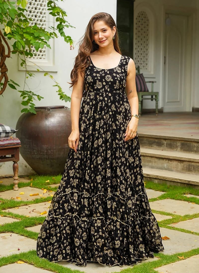 Black Faux Georgette Digital Print Dresses and Gown After Six Wear