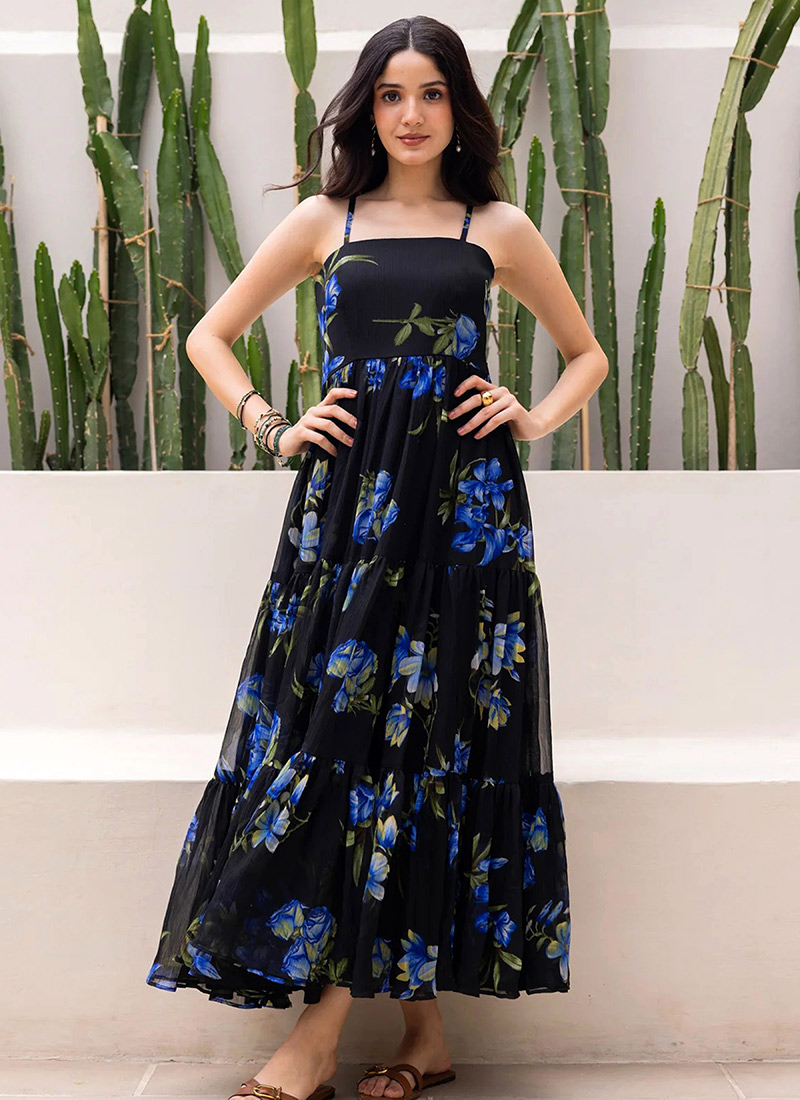 Black Faux Georgette Digital Print Fit And Flare Dress After Six Wear