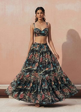 Black Faux Georgette Digital Print Lehenga