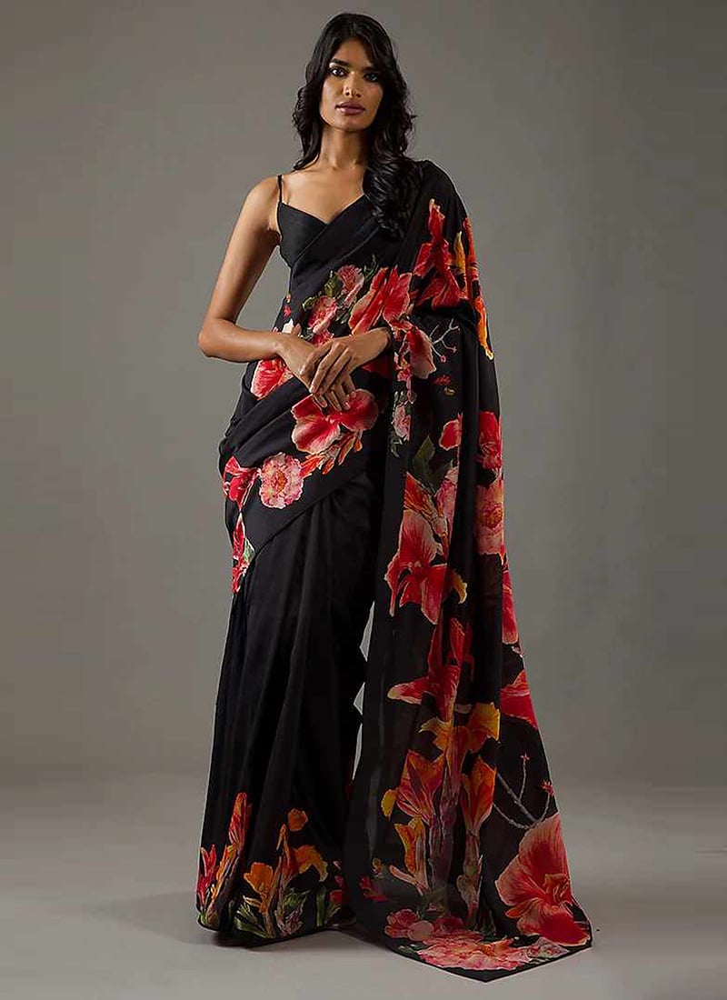 Black Faux Georgette Digital Print Saree