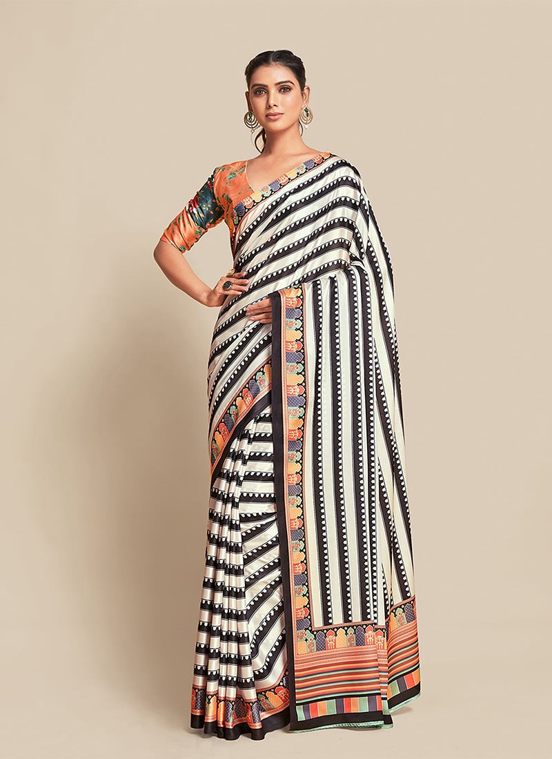 Black Faux Georgette Digital Print Saree