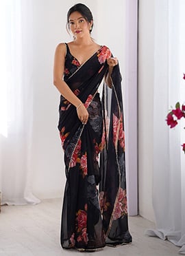 Black Faux Georgette Digital Print Saree