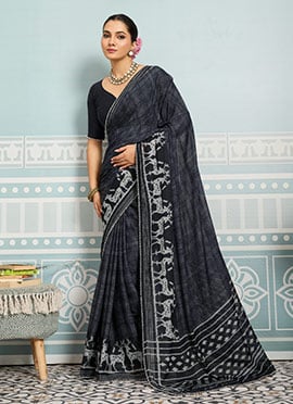 Black Faux Georgette Digital Print Saree