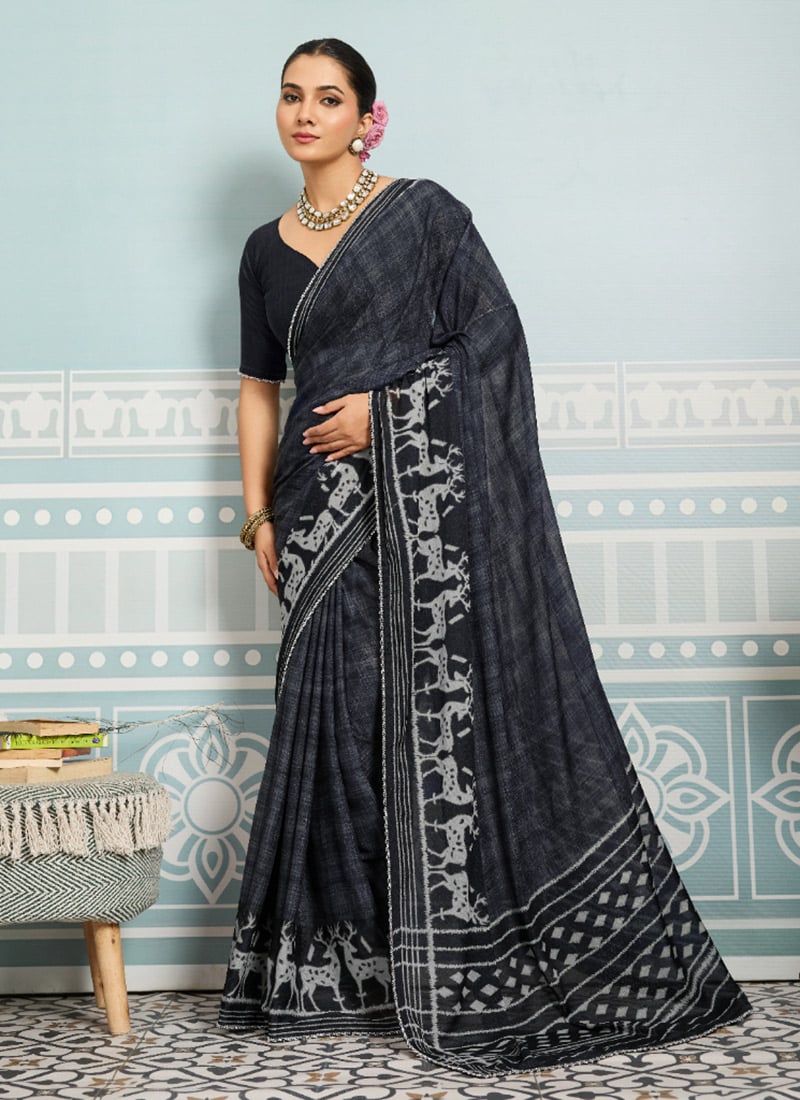 Black Faux Georgette Digital Print Saree After Six Wear
