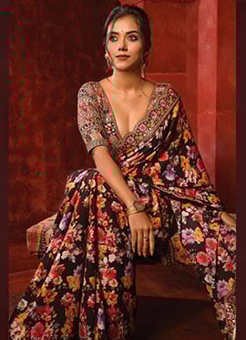 Black Faux Georgette Digital Print Saree