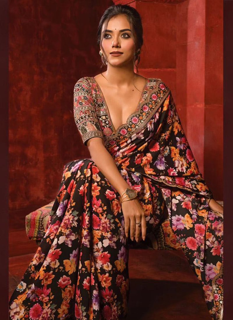 Black Faux Georgette Digital Print Saree