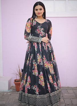 Black Faux Georgette Digital Print Sequins Anarkali Gown