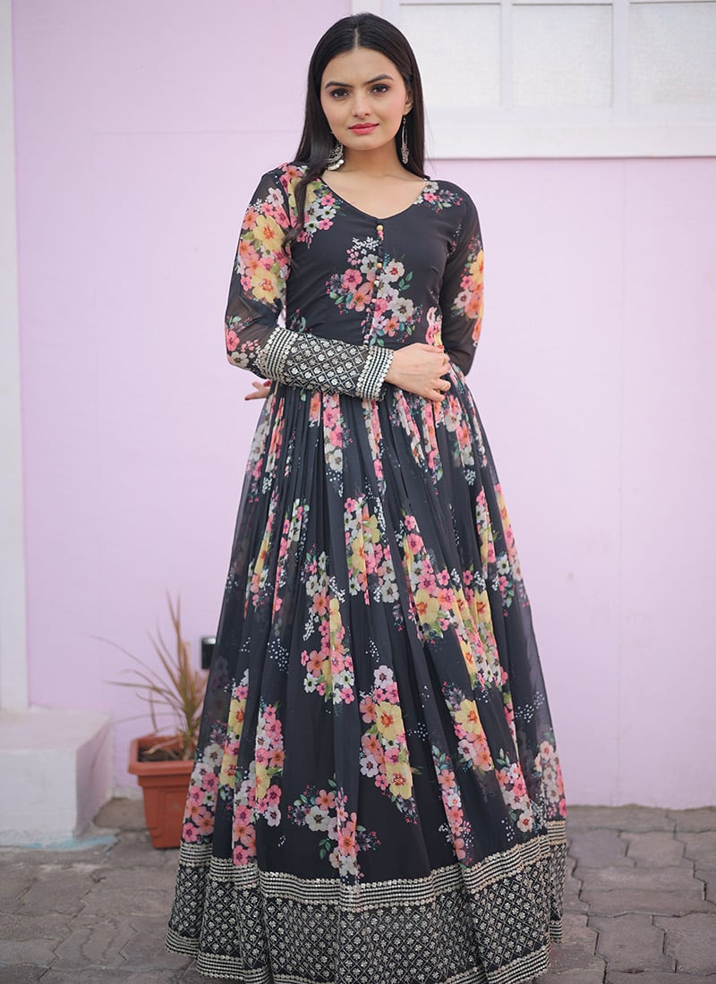 Black Faux Georgette Digital Print Sequins Anarkali Gown After Six Wear