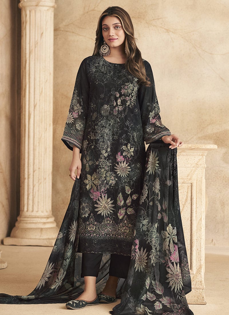 Black Faux Georgette Digital Print Straight Pant Suit After Six Wear