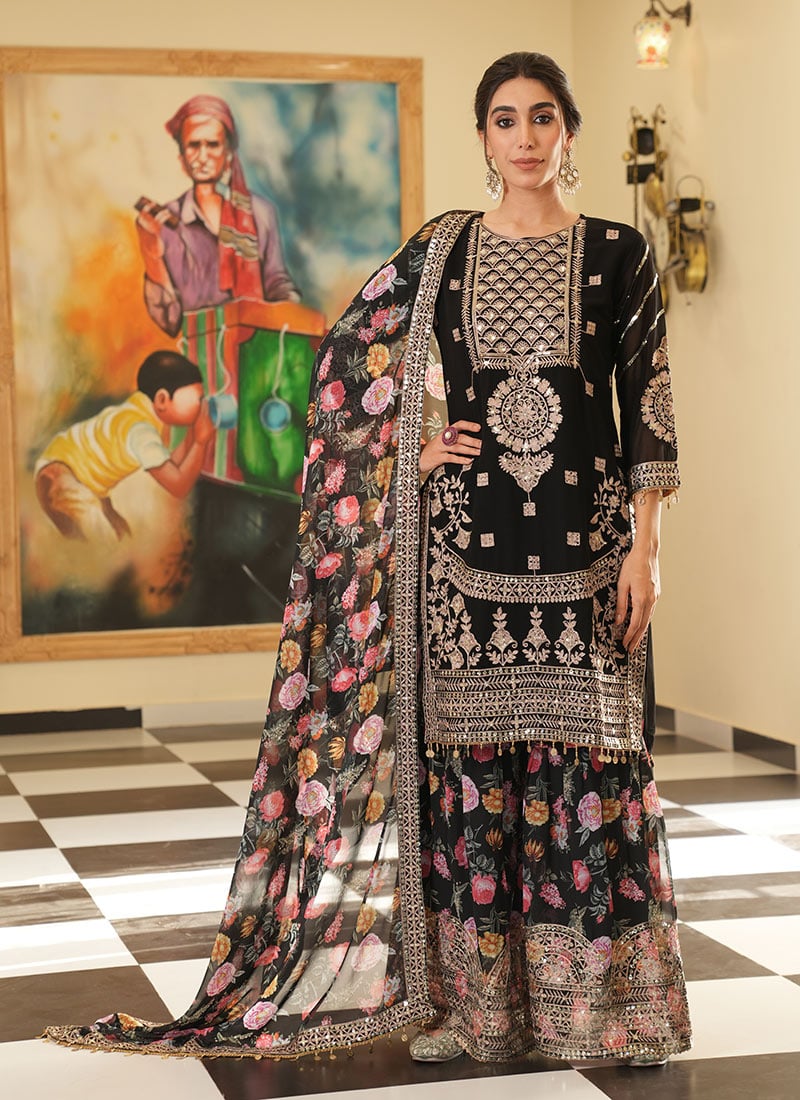Black Faux Georgette Digital Print Zari Embroidered Sequins Sharara Suit Festive Wear