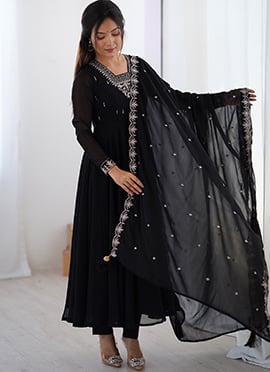 Black Faux Georgette Embroidered Anarkali Suit
