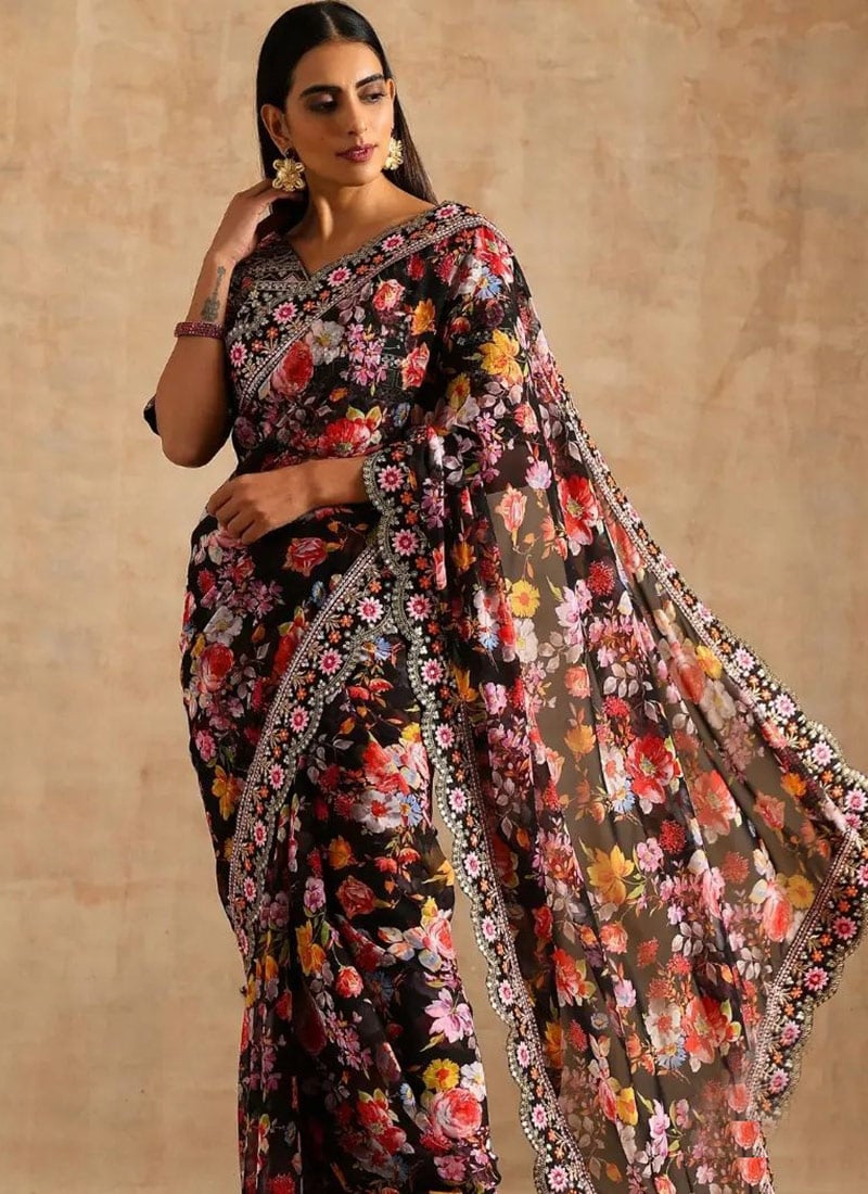 Black Faux Georgette Embroidered And Sequins Saree After Six Wear