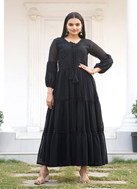 Black Faux Georgette Embroidered Kurta Straight Pant Set